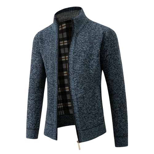 Autumn Winter Men's Stand Collar Fleece Lined Thick Knit Cardigan
