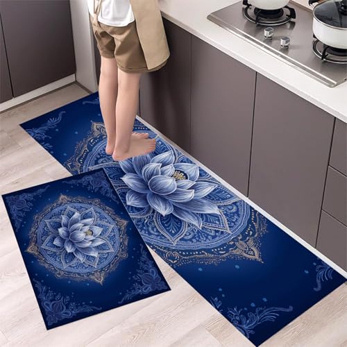 2 Piezas Alfombras Y Tapetes De Cocina Elementos Complejos De Mandala,Alfombrillas De Cocina Antideslizantes Lavables Patrón Loto Cuadrado, Para Pasillo,Salón,Dormitorio,Azul Oscuro,45×75Cm+45×150Cm