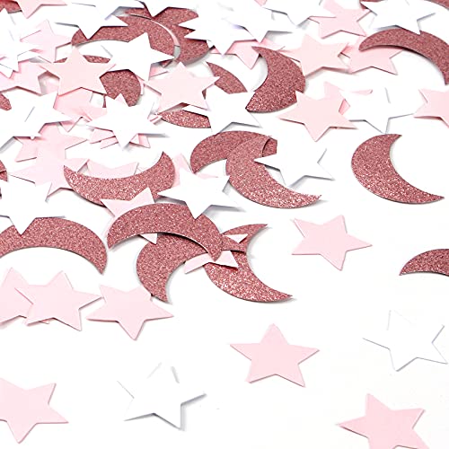 Image of Rose-Gold Pink-White Moon Star Confetti - 300pcs Glitter Twinkle Little Star Table Confetti Eid Ramadan Mubarak Decoration Birthday Wedding Baby Bridal Shower Party Decor Lasting Surprise