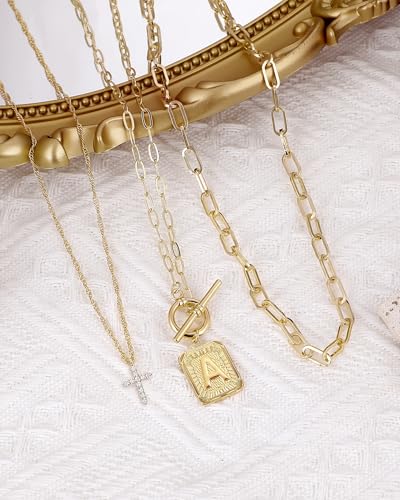 MJartoria Layered Initial Necklaces for Women Trendy, 14K Gold Plated Simple Cross Choker Square Letter Pendant Necklace, Paperclip Chain Necklace, Gold Necklaces Jewelry4