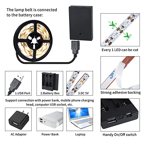 Newreach Usb Led Light Strip White With Battery Box (Batteries Not Included), 16.4Ft Daylight Led White Strip Lights Cuttable Leds For Bedroom, Mirror, Party, Camping, Birthday, Christmas, 8.2Ft X 2 #TOP2
