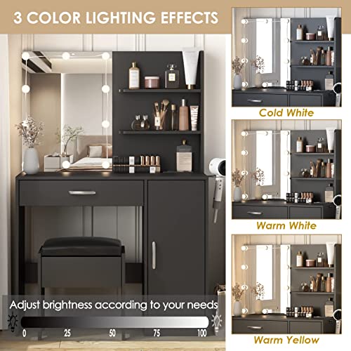 Image of Makeup Vanity Desk with Lighted Mirror & Power Strip,Makeup Vanity Table with Lights and Lots Storage,3 Lighting Modes,35in Large Drawers Vanity Table,Black