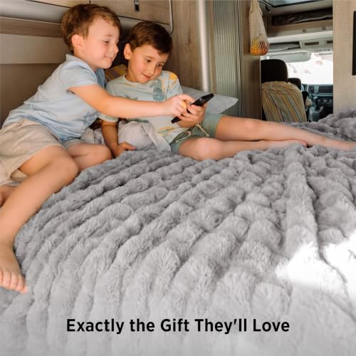 Image of Bedsure Fluffy Bubble Faux Fur Queen Blanket, 90 inchx90 inch, Light Grey