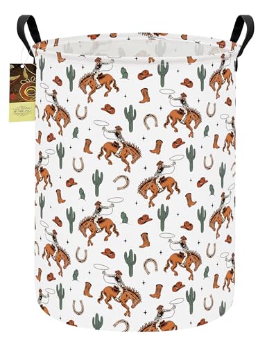 HUNRUNG Round Fabric Collapsible Storage Basket with Handles, Cowboy