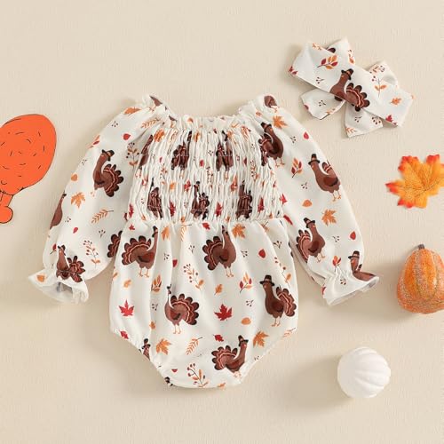 Newborn Baby Girl Thanksgiving Outfit Turkey Bubble Romper Long Sleeve Ruched Bodysuit Headband Cute Fall Clothes4