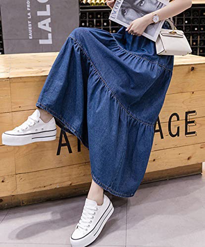 GGUHHU Women's Lovely Elastic High Waist A-Line Flared Tiered Denim Long Skirts3