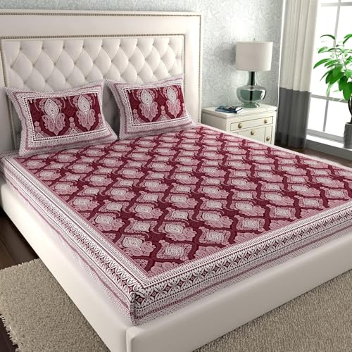 Image of La Verne 140 TC 100% Cotton King Size Jaipuri Rajasthani Print Bedsheet with 2 Pillow Covers (Maroon)