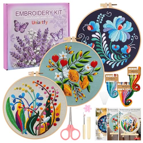 Image of Uniartfy 3 Pack Embroidery Starter Kit for Beginners, Stamped Cross Stitch Kits for Adults with Flowers Plants and Fruits Patterns with 1 Embroidery Hoop and Color Threads, Handmade Needlepoint Kits