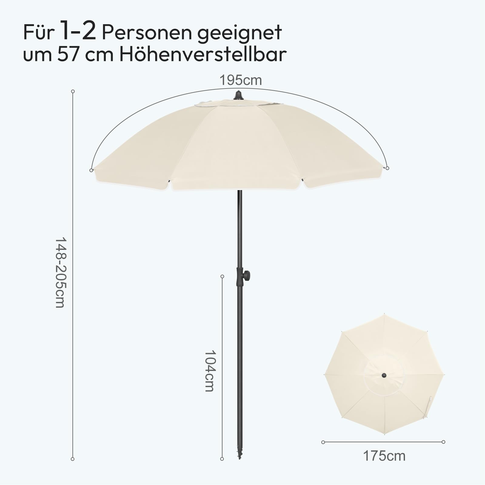 Laneetal Parasol de Plage Ø135/155/175cm, Imperméable en Tissu Anti-UV à UPF 50+, Toile Inclinable, Hauteur Réglable, Parasol Rond Anti-Vent pour Balcon/Terrasse/Patio/Piscine