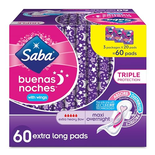 Saba Buenas Noches Maxi Pads Overnight con alas para un flujo súper pesado, tecnología SecureFit y triple protección, absorbe, distribuye y protege, 60 unidades