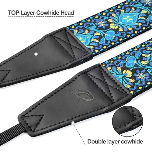Image of Padwa Lifestyle Camera Strap - 2 inch Full Grain Leather Ends Camera Straps for Photographers, Vintage Embroidered Cotton Weave Soft Suede Fabric Padded Strap Quick Release fits All Cameras