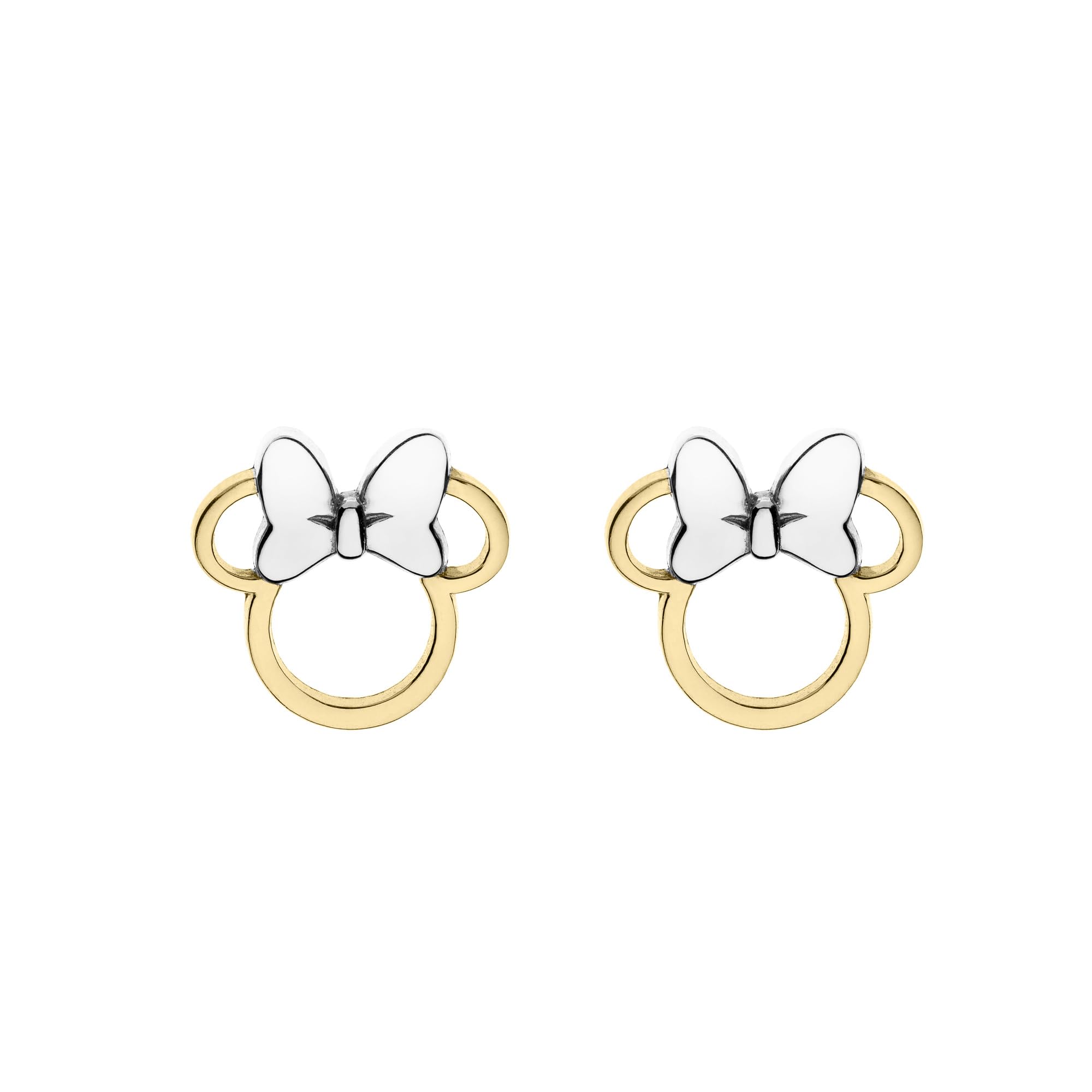 Disney Pendientes de Botón Minnie Mouse en Plata de Ley 925 con Baño de Oro Amarillo y Lazo Bicolor, Pendientes de Silueta Calada para Mujeres y Niñas, Caja de Regalo, Joyas Oficiales Disney