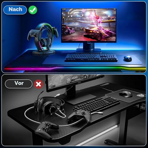 KDD Led Kopfhörer Ständer mit 9 Lichtmodi – Gaming Headset Halterung Schreibtisch – Faltbar Controller Halter mit Kabel Organizer - Headset und Controller Haltrung für Gamer PC Gaming Zubehör