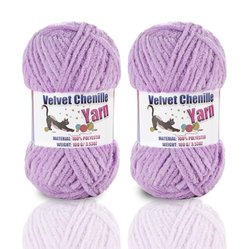 Image of 2 * 100g /3.5oz Fluffy Chenille Yarn for Crocheting, Chunky Velvet Yarn for Crochet Amigurumi, Used for Making Baby Yarns Blanket, Clothes, Pattern Knitting Creations (Light Purple)