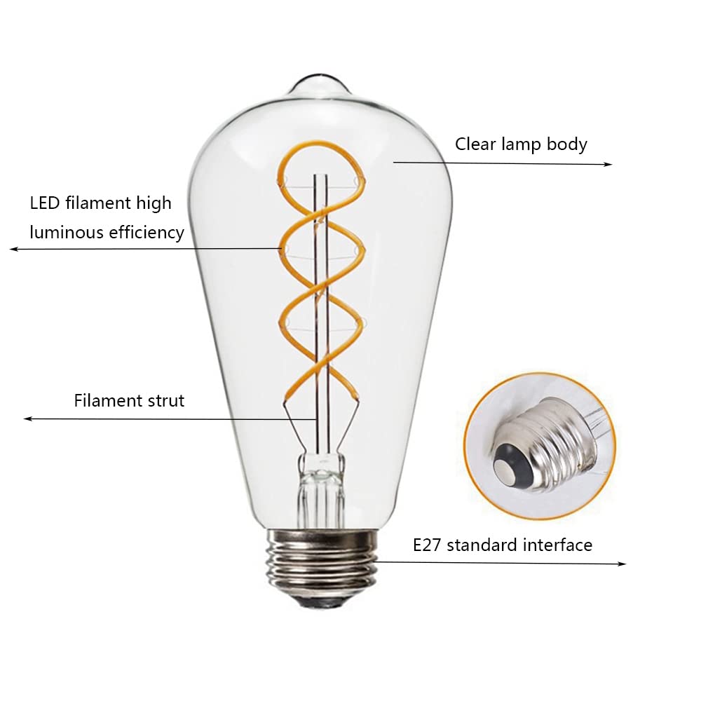 Bombillas led Bombilla Edison E27 ST64 4W Vintage 2700K Blanco cálido 400LM No Regulable Filamento en Espiral Vidrio Transparente Equivalente a 40W