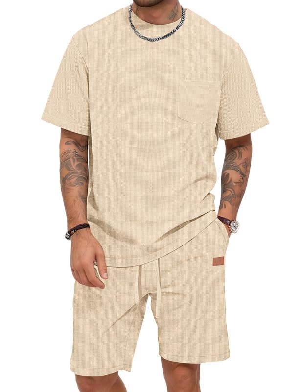 AUSELILY MEN Mens Waffle Short Sets 2 Piece Outfits Cotton Beige