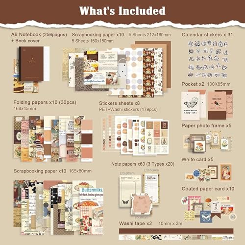 Image of 346Pcs Paper Vintage Aesthetic Scrapbook Kit Scrapbooking Supplies Kit With Bullet Junk Journal, Stationery, Washi Stickers A6 Grid Notebook Journaling Gift For Girl (Brown)