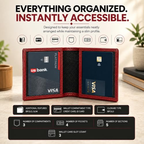 Image of LB LEATHERBOSS Slim Thin Leather Credit Card Triple ID Window Mini Wallet Bifold Driver License Safe (Cherry)