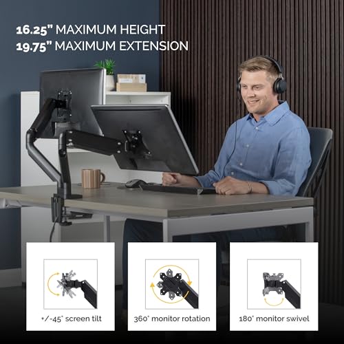 Image of Fellowes Platinum Series Dual Monitor Arm for 40-Inch Monitors, Full Motion, 360 Rotation, VESA Mount with Grommet or Clamp, USB Ports, Ergonomic, Black, 8042501
