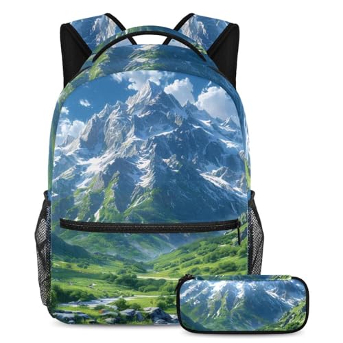 Sacs à dos de jour motif montagnes pour étudiants avec trousse