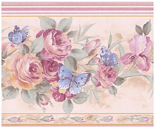 Wall Border - Pink Roses Blue Butterflies Ivory White Wallpaper Border Retro Design
