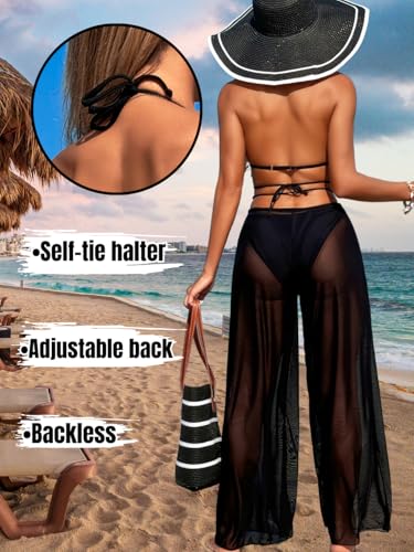 3 Piece Bikini Sets with Mesh Cover Up Pants, Halter Cheeky Thong Swimsuits, Sexy Bathing Suits for Women4