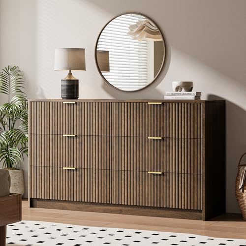 Image of MAISONARIA 6 Drawer Dresser for Bedroom, 55 inch Wide Modern Chest of Drawers with Gold Metal Handles, Fluted Wood TV Stand for Living Room, Hallway, Walnut
