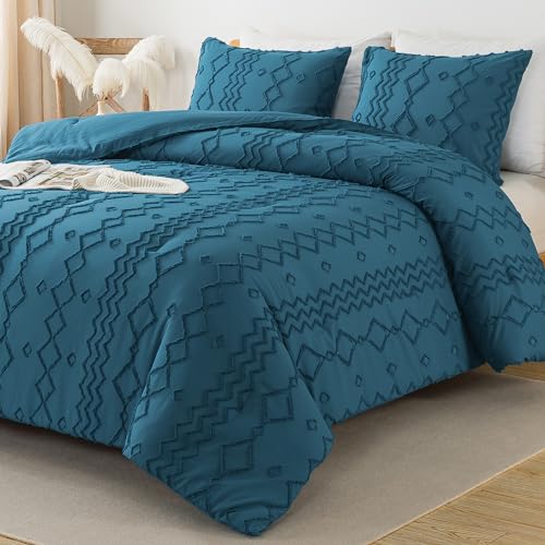 Image of Andency Teal Tufted Comforter Set King(104x90Inch), 3 Pieces(1 Boho Comforter, 2 Pillowcases) Textured Farmhouse Bed Set, Soft Down Alternative Geometric Bedding