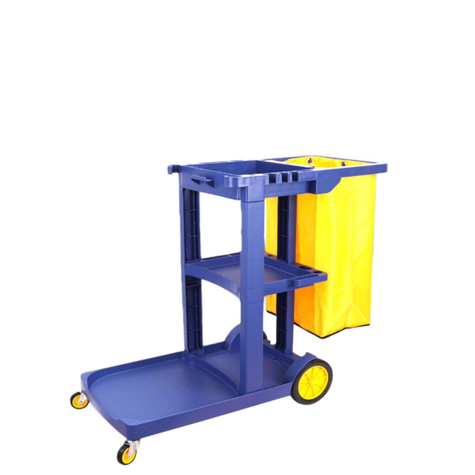KJZQXYX Janitorial Cleaning Cart,Wheeled Housekeeping Cart,with 3 Shelves and Yellow Vinyl Bag/Lid, for Efficient Cleaning Operations (Blue A)