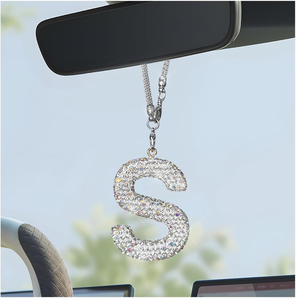 Bling Initial Car Rear View Mirror Ornament, Crystal Pendant Auto Mirror Decor Hanging Lucky Letter Charm, Sparkling Rhinestone Decoration Cute Car Accessories for Women Men (S)
