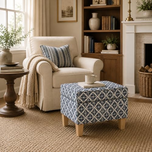 Image of HomePop 22 inch Modern Rectangular Storage Ottoman - Blue Geometric Pattern