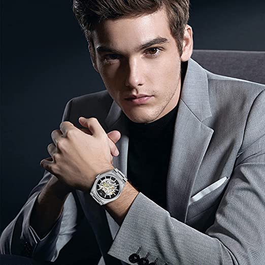 Image of Automatic Mechanical Wrist Watch for Men with Star Dust Dial, Fashion Self-Winding Watches for Men Stainless Steel Waterproof Luminous Sapphire Crystal Mens Watches with Auto Date (Silver)