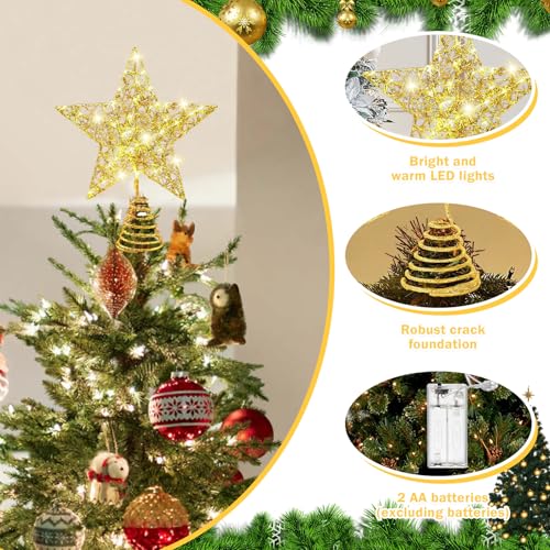 Bocguy Christbaumspitze Stern Gold, 25 x 20cm Baumspitze Weihnachten, Weihnachtsbaum Stern Spitze mit 20 LED, Tannenbaum Spitze für Weihnachtsbaum, Christbaumspitze Beleuchtet, Innendekoration (A)
