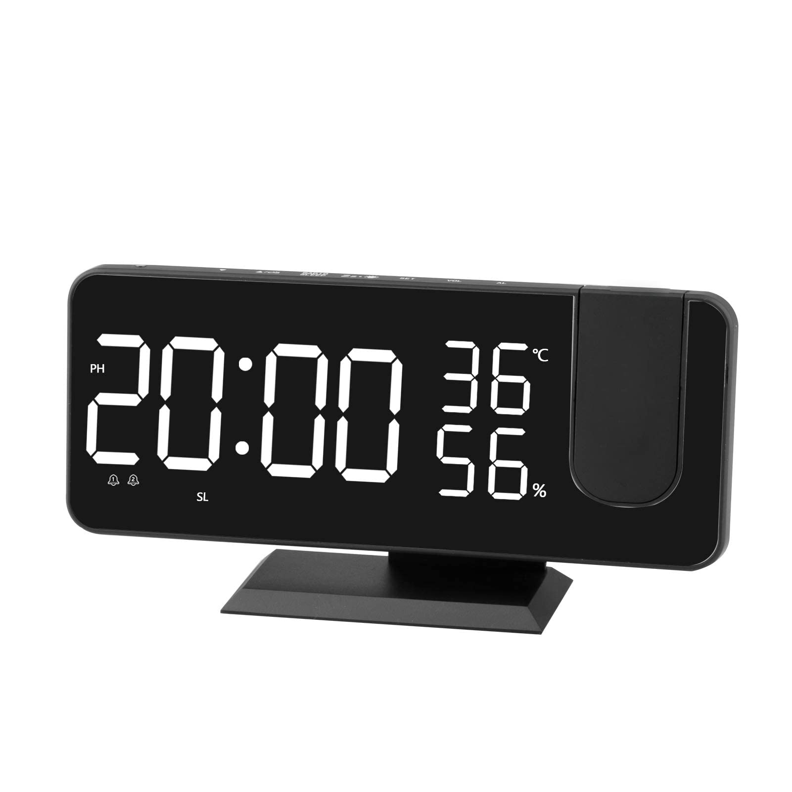 Projection Alarm Clock, Digital Clock with 180° Rotatable Projector, 7.4 Inches Large Mirror LED Clock Alarm clock, Progressive Volume, 6mins Snooze,12/24H, Digital Alarm Clock for Bedroom (Black-A)