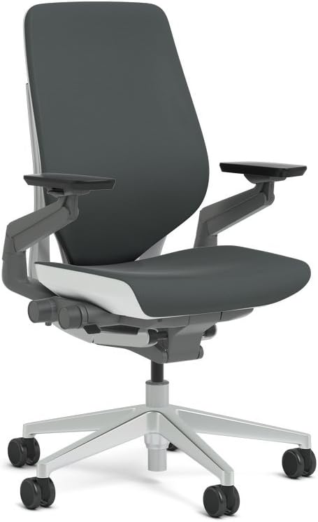 Steelcase Gesture Task Chair: Shell Back - Platinum Metallic Frame/Base/Seagull Accent - Adjustable Lumbar Support - Roll Control Hard Floor Casters