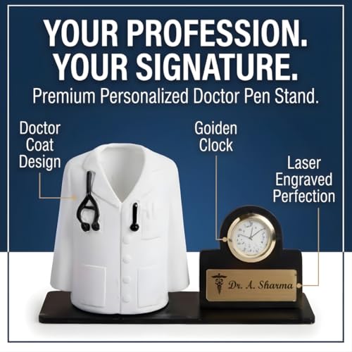 Image of ncgifts doctor pen stand with name and clock | perfect doctor gift for men and women | Customized Desk Organizer for Doctors and Medical Aspirants with Apron /Coat Shape Pencil Holder