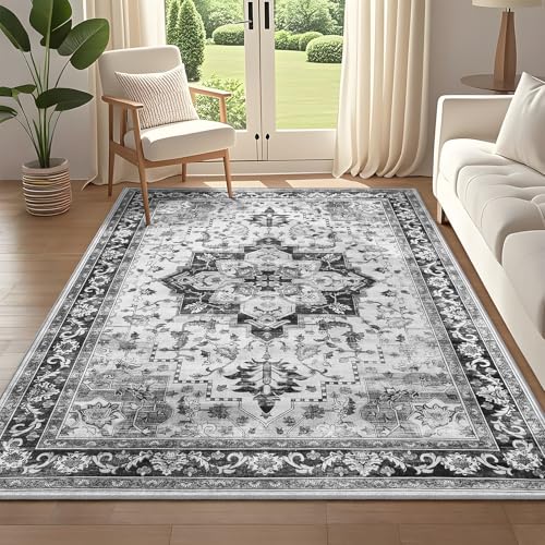 4x6 Vintage Area Rug for Bedroom Living Room, Washable Indoor Rug Non Slip, Thin Throw Floral Floor Low Pile Distressed Carpet for Bathroom Office Laundry Kitchen (Black/Grey)