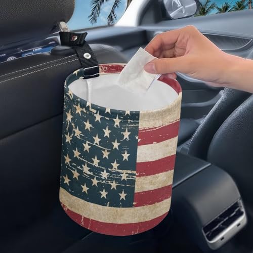 Image of Pensura Vintage American Flags Car Garbage Bin Reusable Hanging Auto Trash Can for Front Seat Back Seat Car Organizer for Car, Office, Home, Travel Camping Accessories