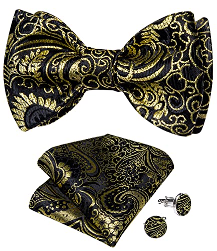 DiBanGu Ensemble nœud papillon et boutons de manchette en soie pour homme Motif cachemire floral, Noir/doré, taille unique Cover