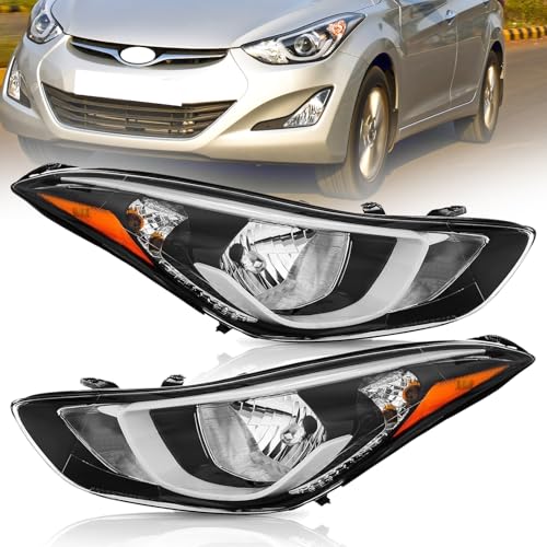 Headlight Assembly for 2014-2016 Hyundai Elantra 2014 2015 2016 Elantra Halogen Headlights Replacement Driver Passenger Side Chrome Housing Amber Reflector Clear Lens HY2502187 HY2503187(No Bulbs)