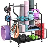 Mythinglogic Yoga Mat Storage Racks,Home Gym Storage Rack for Dumbbells Kettlebells Foam Roller, Yoga Strap and Resistance Bands, Workout Equipment Storage Organizer With Hooks and Wheels