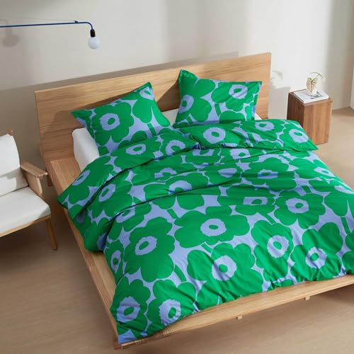 Image of MARIMEKKO - Queen Duvet Cover Set, Soft Cotton Bedding for Year Round Comfort, 3 Piece Floral Bed Set with Matching Pillowcases (Unikko Green)