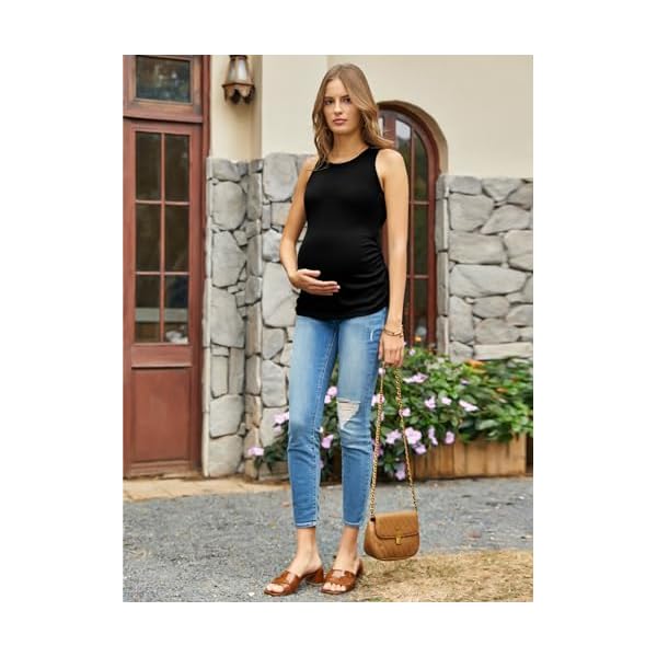 Women's Maternity Tank Tops Summer Sleeveless Crew Neck Ribbed Knit Slim Fitted Blouse Side Ruched Pregnancy Shirts - Image 6