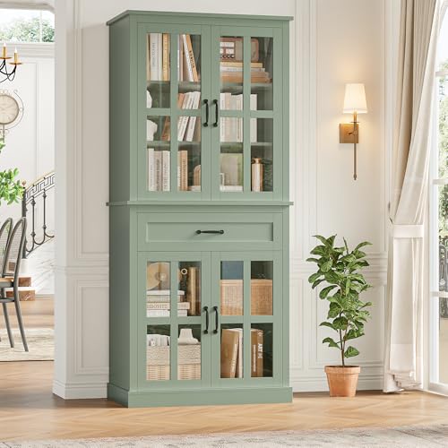 FOTOSOK 71'' Tall Kitchen Cabinet with Glass Doors and Drawer,