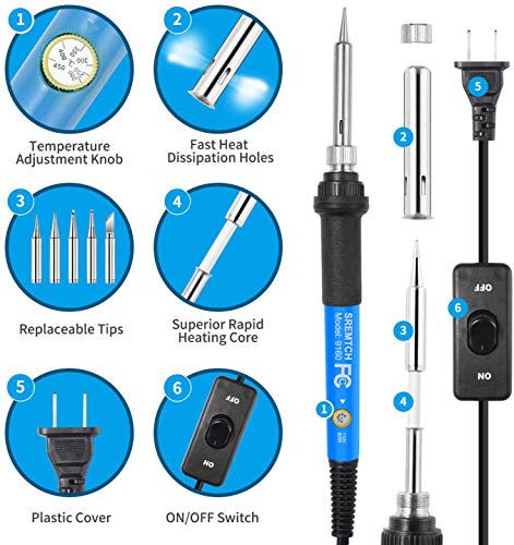 9-in-1 Soldering Kits, [Upgraded] 60W Adjustable Temperature Welding Tool with ON-Off Switch, 5pcs Soldering Iron Tips, Solder Wire, Y Type Soldering Iron Stand (Light Blue) - Thumbnail 2