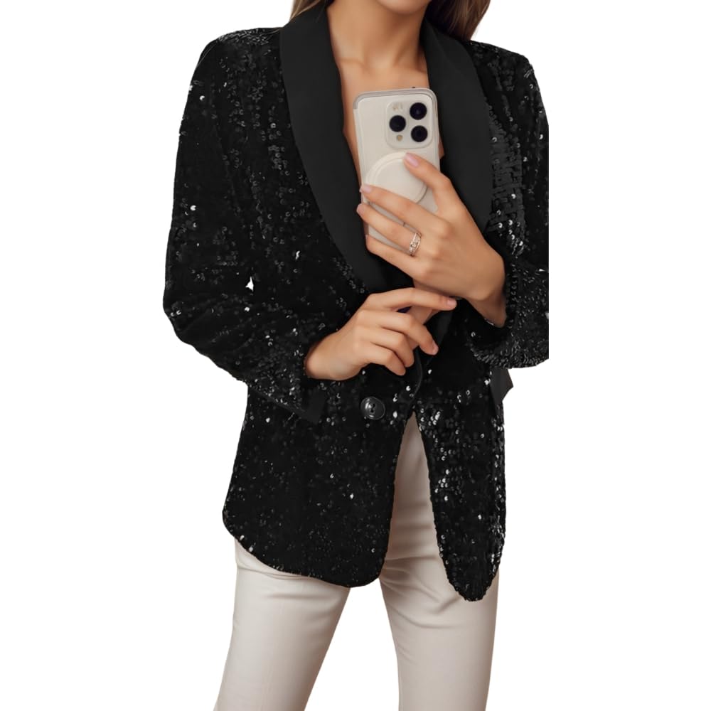TIAFORD Womens Sequin Blazer Jacket Open Front One Button Lapel Long Sleeve Sparkly Party for Evening Formal Events