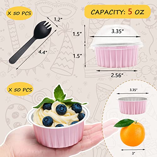Jumbo Muffin Liners With Lids 50 Pack,Free-Air 5Oz Aluminum Foil Cupcake Cups Muffin Tins,Disposable Ramekins Cupcake Baking Pans Cupcake Holders For Custard Mini Pie -Pink #TOP2