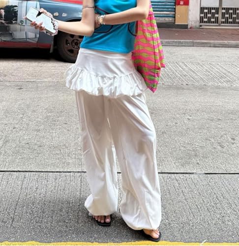 CUTEGAL Fold Over Pants Baggy Wide Leg Sweatpants Women Bubble Skirt with Leggings Ruffled Waist Streetwear2
