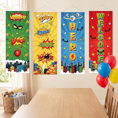 Image of Panelee 4 Pcs Hero Theme Party Banners Hero Party Decorations City Comic Skyline Porch Sign Hanging Door Banner for Cityscape Birthday Backdrop Supplies