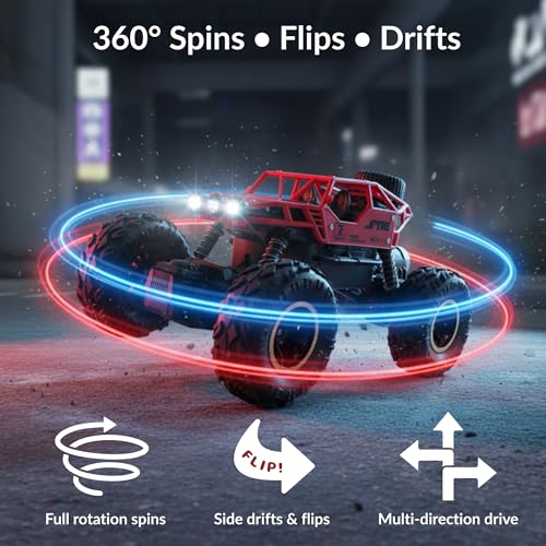 Image of Lilplay Monster Truck | Rechargeable Remote Control Car for Kids | Rock Crawler 5 Function 1:18 RC Car with Smoke | Offroad High Speed Rock Climbing Toys for Boys (Red)